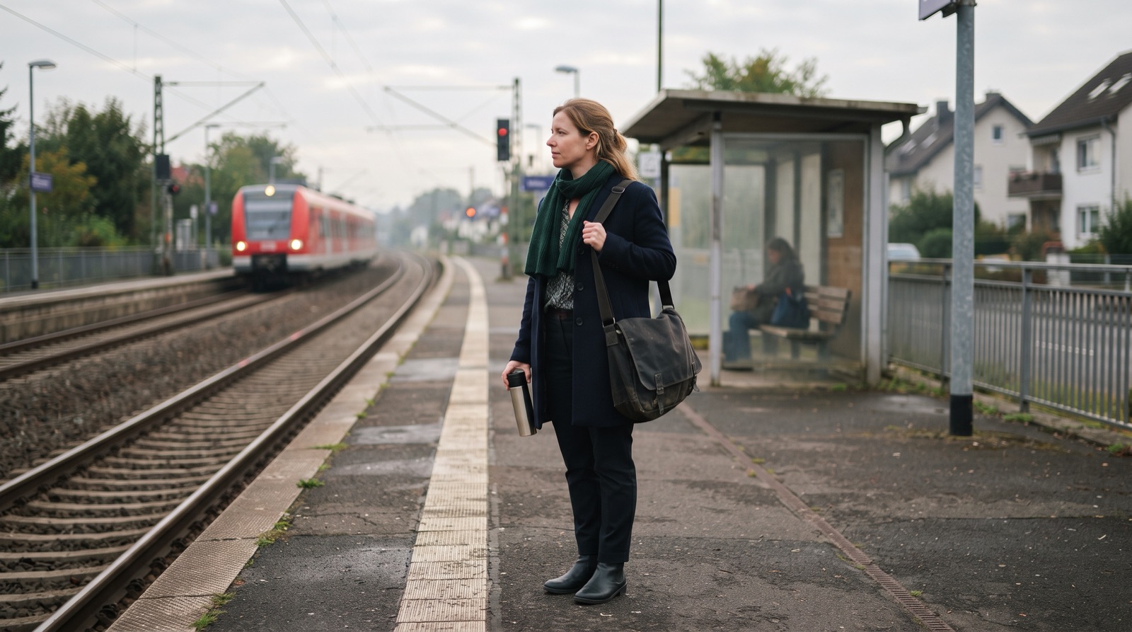 Berufspendlerin auf dem Weg zur Arbeit an einem Bahnsteig in Deutschland